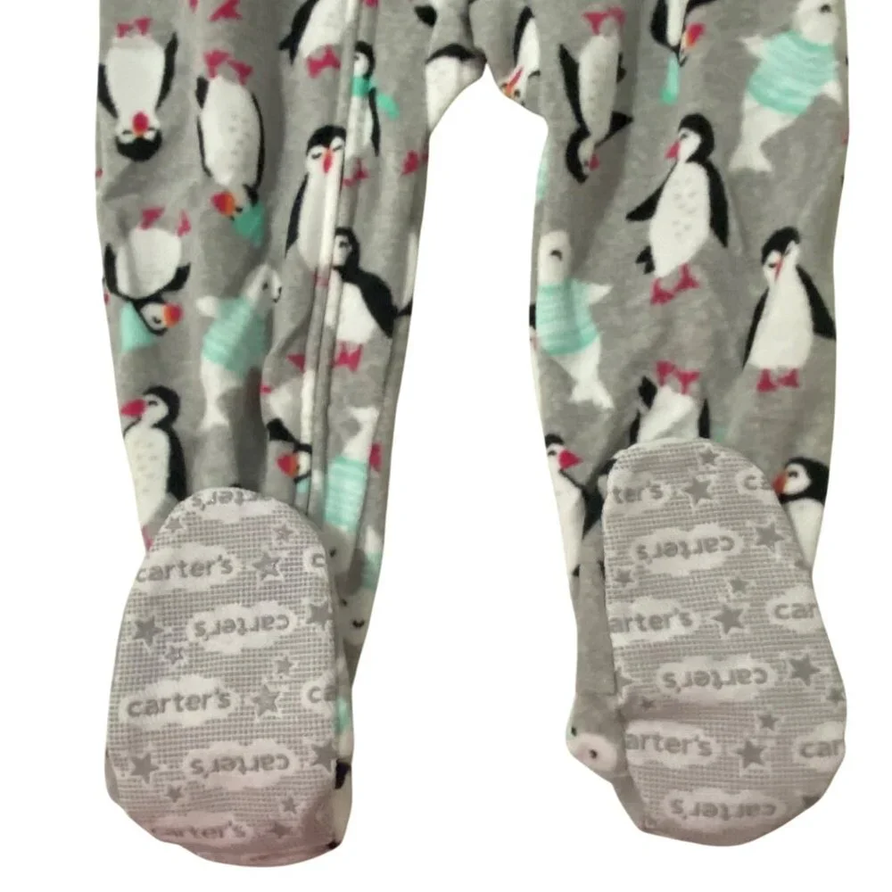 Carter's Fleece Footie Pajamas Girls 2T Gray‎ Novelty Penguin Seal Warm Fuzzy